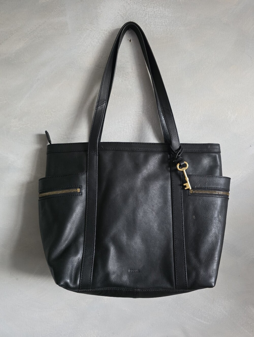 Black Leather Fossil Shoulder Tote Handbag Caitlyn 15x11x6
